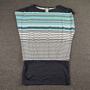 DKNY Tunic Top Womens S D32180 Black Teal Striped Dolman Elastic Hem EUC